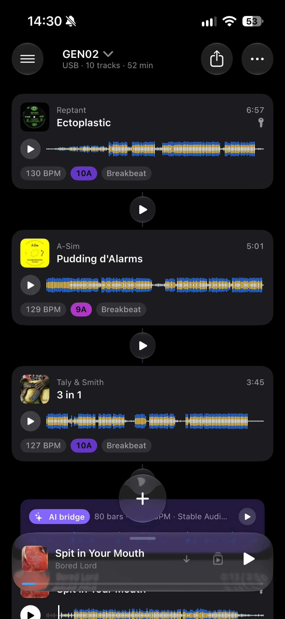 Setflow on iPhone: a set of breakbeat tracks with BPM, key and genre tags and a play button between each pair